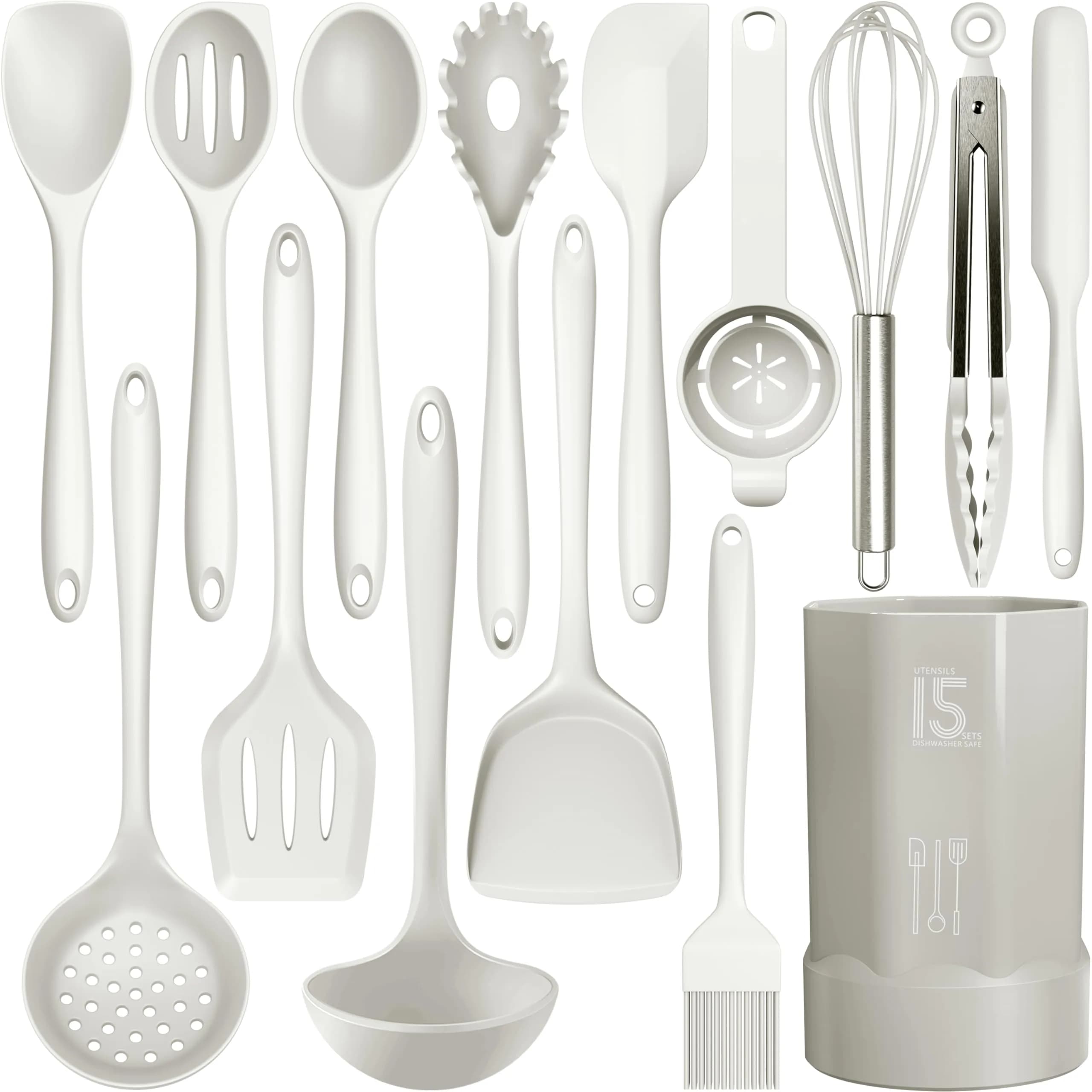 AOTHOD Silicone Cooking Utensils Set - 446°F Heat Resistant Kitchen Gadgets, Spatula, Spoon, Dishwasher Safe (Cream White)