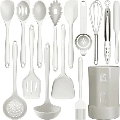 AOTHOD Silicone Cooking Utensils Set - 446°F Heat Resistant Kitchen Gadgets, Spatula, Spoon, Dishwasher Safe (Cream White) thumbnail 1