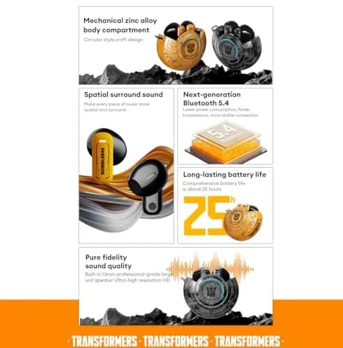 Transformers Earbuds T31 Bluetooth Wireless Gaming Earbuds with Mic, Low Latency in Ear Earbuds, Passive Noise Cancelling, HiFi HD Calling, Game/Music Modes (Bumblebee Yellow) thumbnail 5