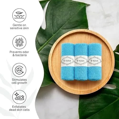 Yiclick Exfoliating Washcloth Towel Set - 3 Pack Aqua Blue Back Scrubber for Shower Bath | 86 cm (34.5 inches) thumbnail 1