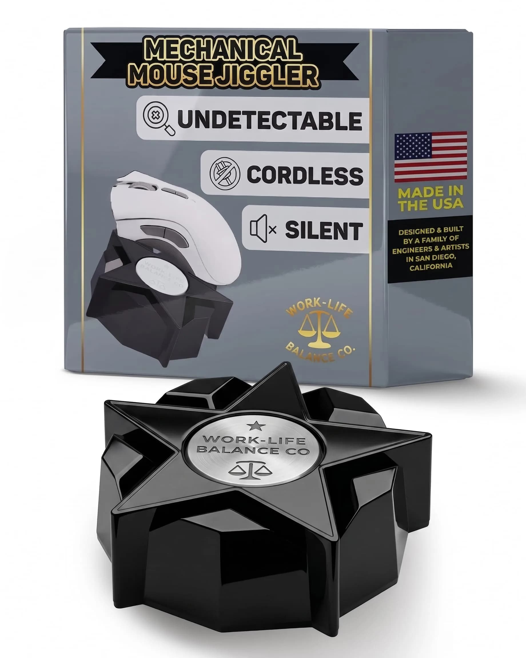 Work-Life Balance Corporation Mechanical Mouse Jiggler | No USB, Cordless, Silent Undetectable Mouse Mover — Black Star