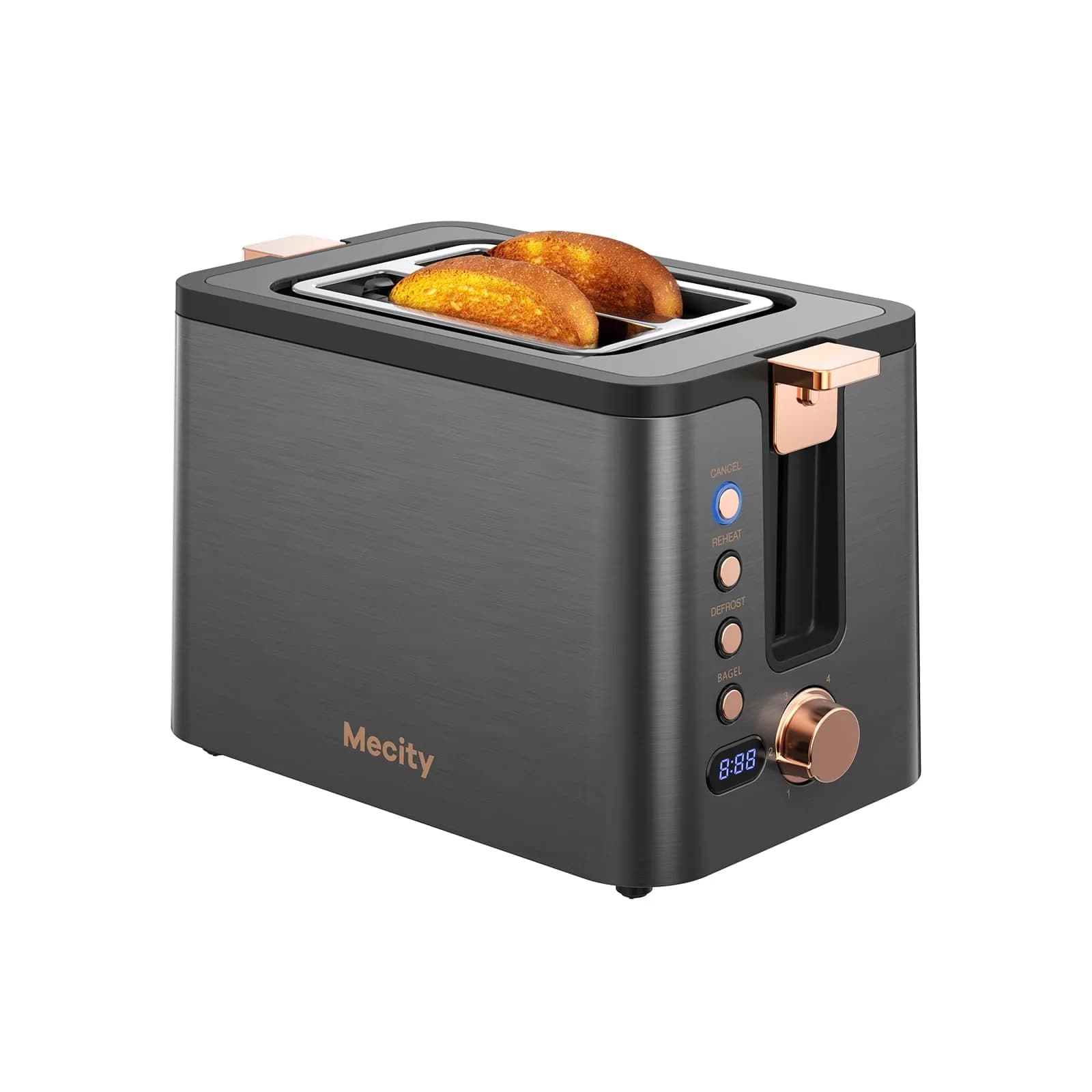 Mecity Toaster 2 Slice Stainless Steel Body Timer | 6 Browning Settings, Extra Wide Slots, Bagel/Defrost/Reheat/Cancel Functions — Grey & Gold