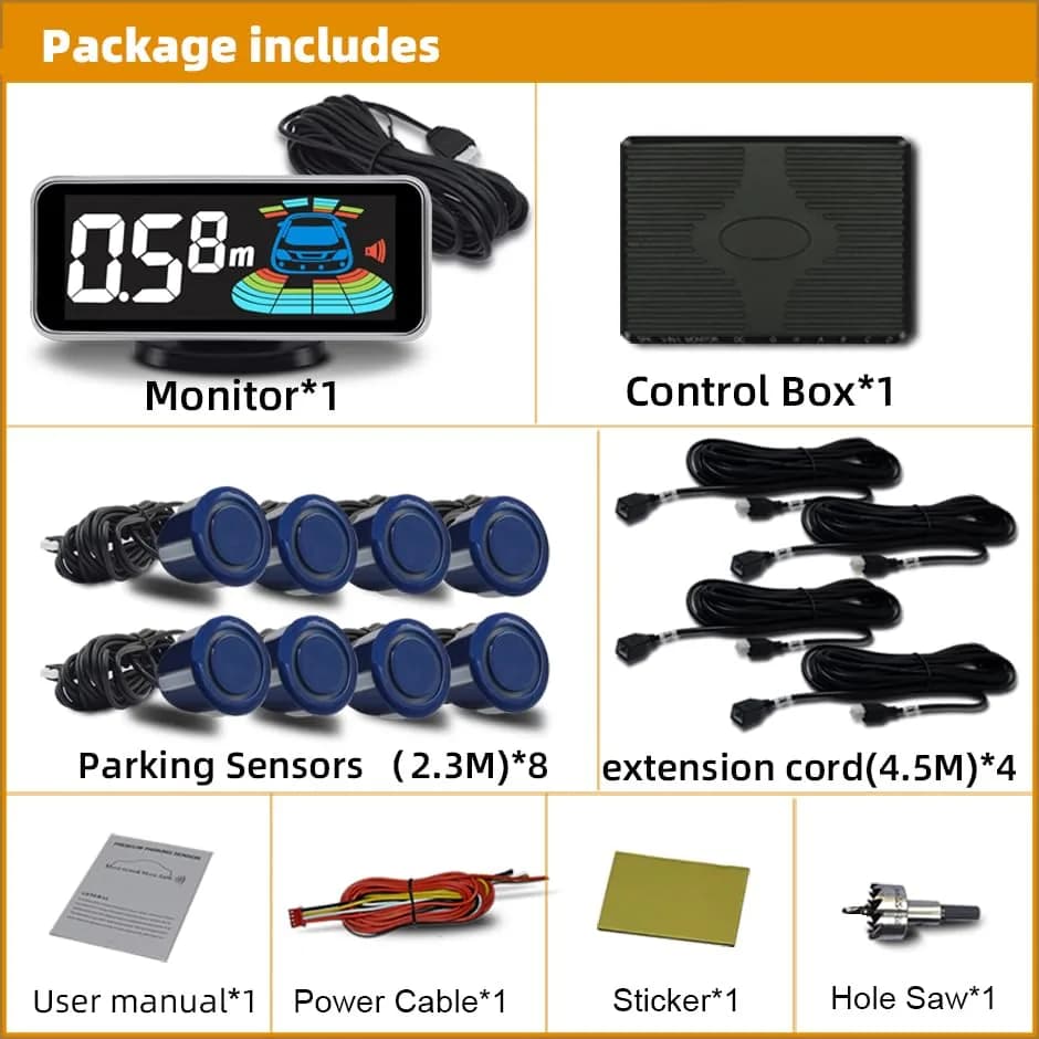 ELSNU 8-Sensor Parking Sensor Kit with Digital LCD Display, Dark Blue | Front & Rear Detection 0.3M-2.2M thumbnail 4
