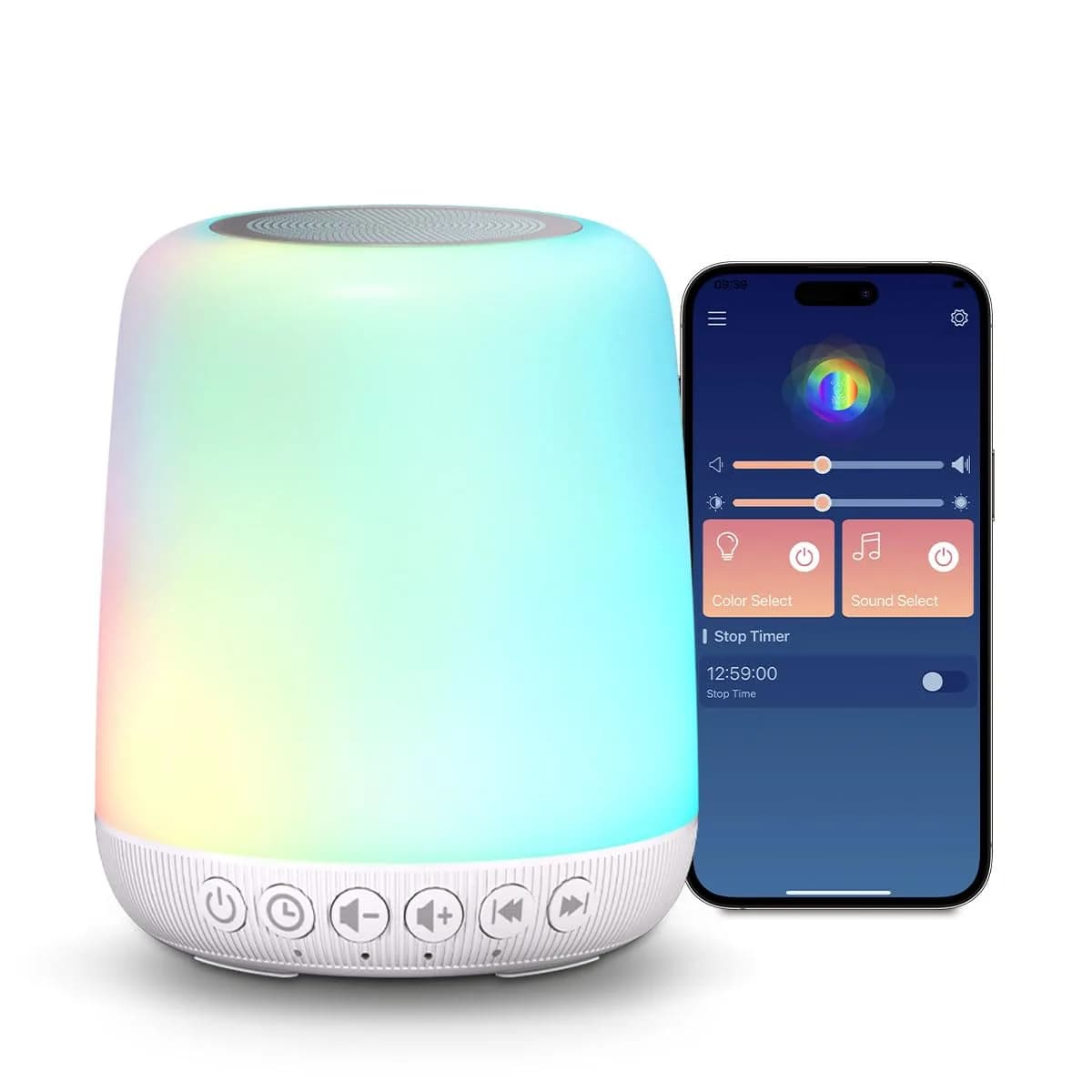 Easysleep White Noise Sound Machine Milky White | 30 Soothing Sounds, 12 Night Light Colors, App Control