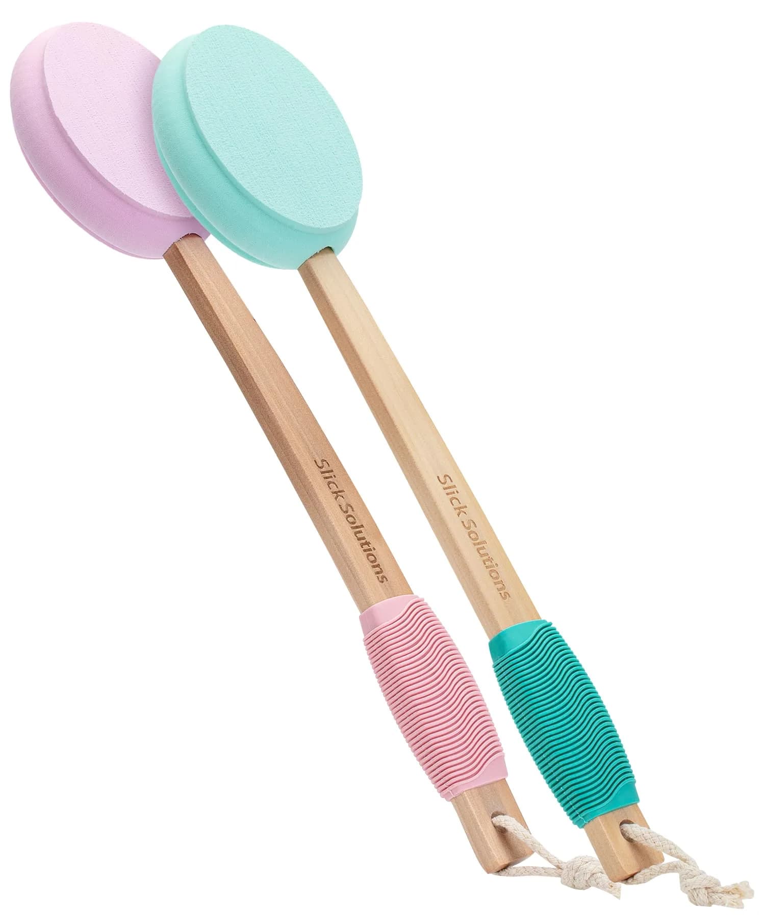 Slick Solutions Lotion Applicator 17-inch with Organic Pad | Easy Reach Back Applicator for Lotions, Creams, and Self-Tanner — Green and Pink