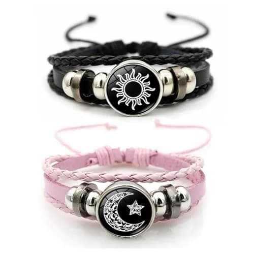 MENGYUEXUAN Luminous Sun and Moon Couple Bracelet | Glow in the Dark Adjustable Leather Jewelry for Couples thumbnail 1