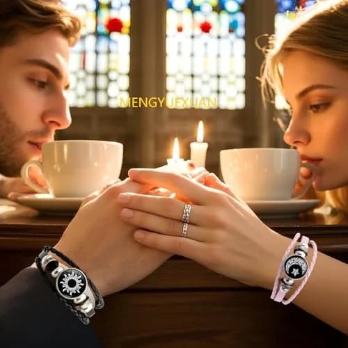 MENGYUEXUAN Luminous Sun and Moon Couple Bracelet | Glow in the Dark Adjustable Leather Jewelry for Couples thumbnail 7