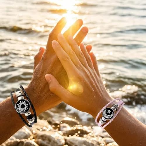 MENGYUEXUAN Luminous Sun and Moon Couple Bracelet | Glow in the Dark Adjustable Leather Jewelry for Couples thumbnail 2