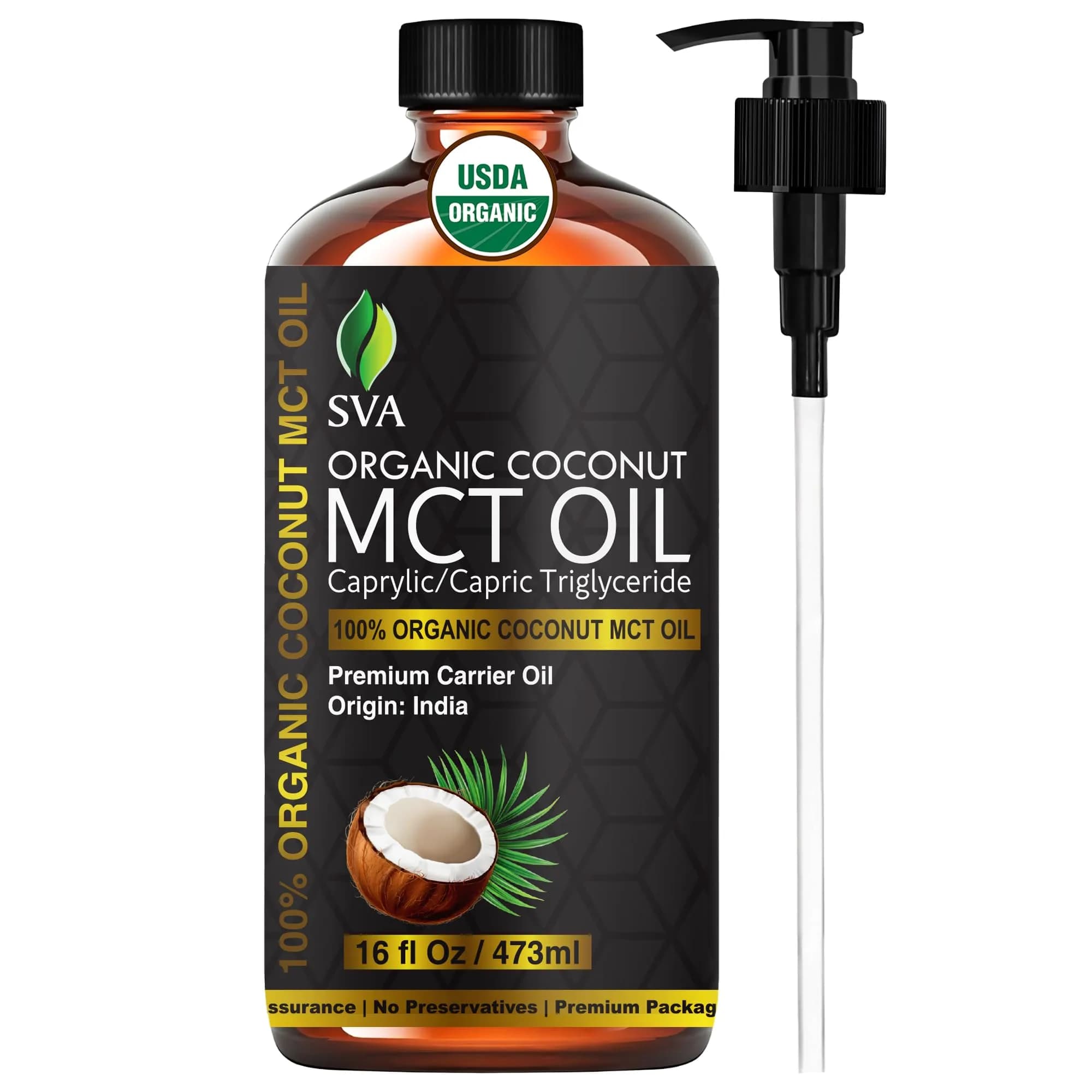SVA ORGANICS Organic MCT Carrier Oil 16 Fl Oz (Pack of 1) - Pure & Natural