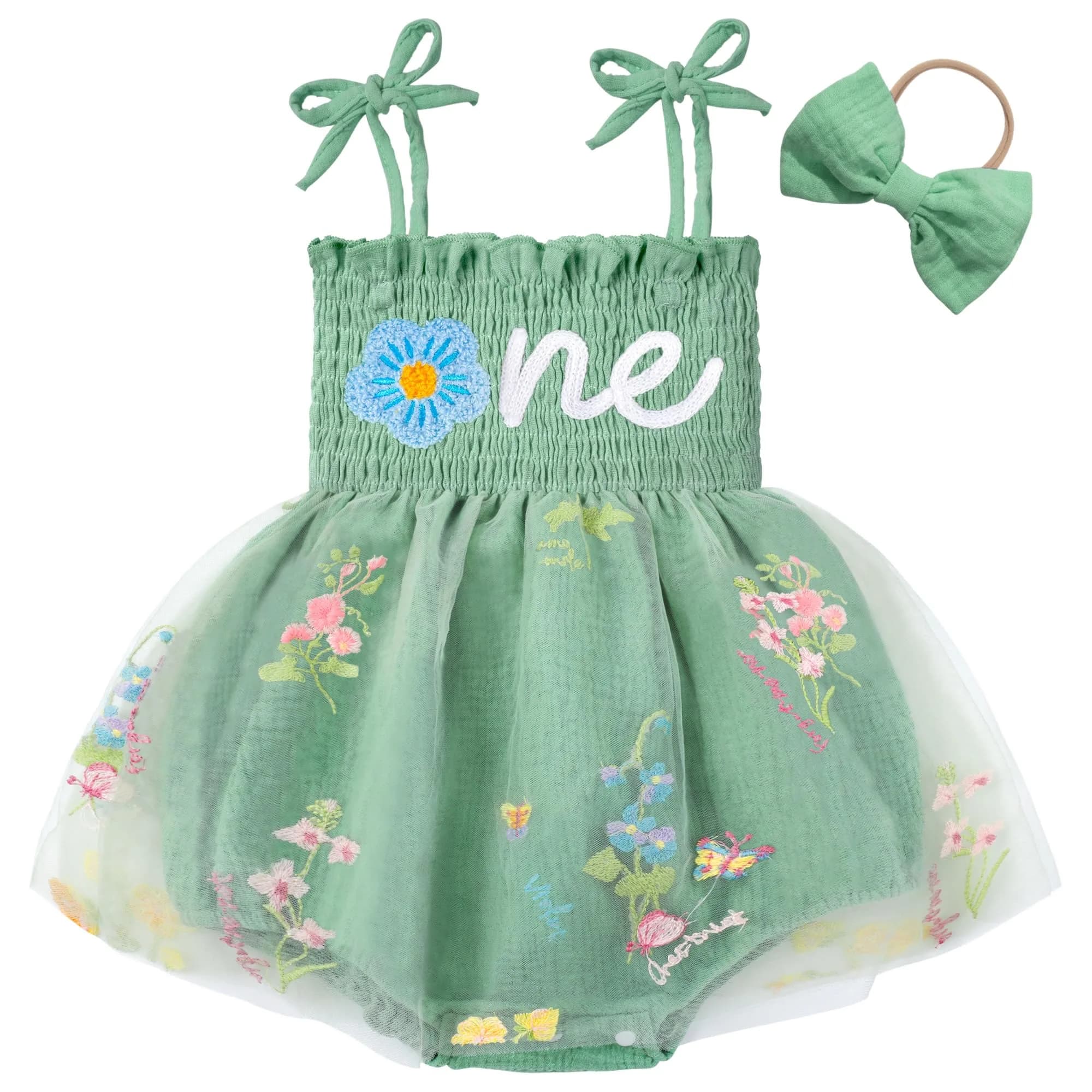 HONGTEYA Baby Girl 1st Birthday Romper Tulle Dress with Headband - 12-18 Months — Green