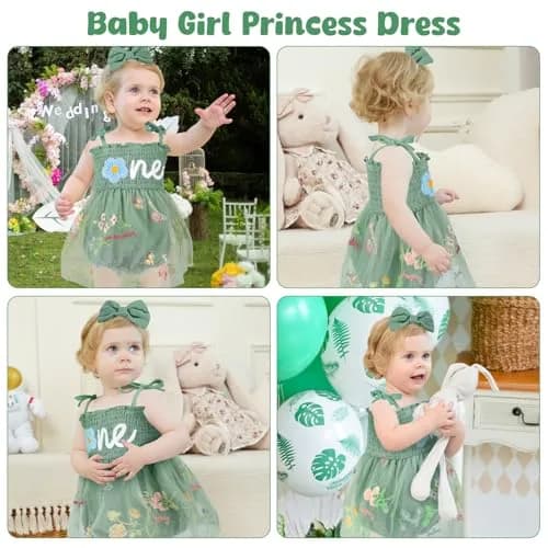 HONGTEYA Baby Girl 1st Birthday Outfit Green Tulle Dress with Headband (12-18 Months) thumbnail 2