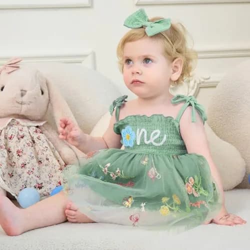 HONGTEYA Baby Girl 1st Birthday Outfit Green Tulle Dress with Headband (12-18 Months) thumbnail 3