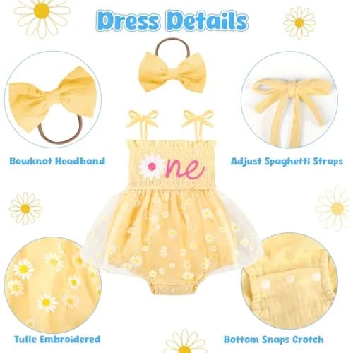 HONGTEYA Baby Girl's 1st Birthday Outfit Romper Tulle Dress with Headband, Yellow, 9-12 Months (0.12 kg) thumbnail 5
