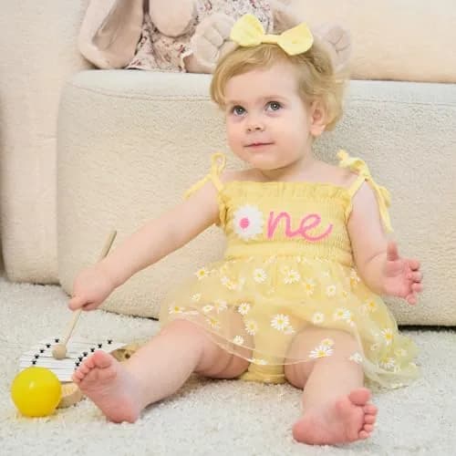 HONGTEYA Baby Girl's 1st Birthday Outfit Romper Tulle Dress with Headband, Yellow, 9-12 Months (0.12 kg) thumbnail 3