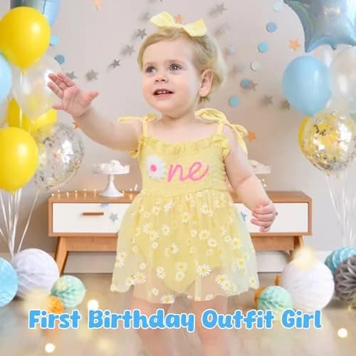 HONGTEYA Baby Girl's 1st Birthday Outfit Romper Tulle Dress with Headband, Yellow, 9-12 Months (0.12 kg) thumbnail 4