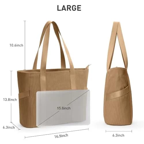 DIXEIGHT Tote Bag for Women, Large Capacity, Water-Resistant Corduroy, Zipper Closure, Fits 15.6" Laptop, Casual Style thumbnail 4