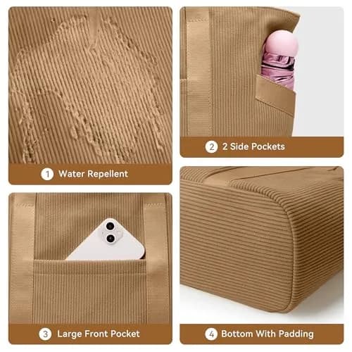 DIXEIGHT Tote Bag for Women, Large Capacity, Water-Resistant Corduroy, Zipper Closure, Fits 15.6" Laptop, Casual Style thumbnail 6