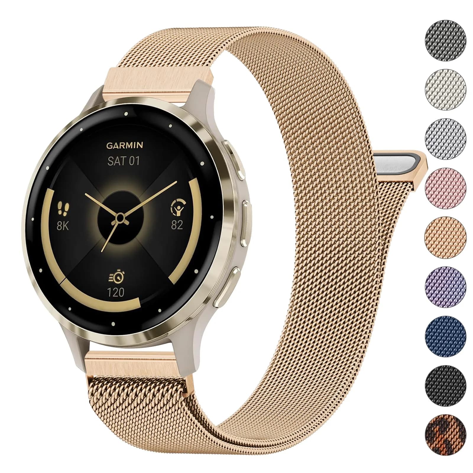 Meliya 18mm Metal Watch Band for Garmin Venu 3S/2S/Vivoactive 4S/Vivomove 3S/Forerunner 265s/255s, Rose Gold Stainless Steel Mesh Strap (18mm) - main product image