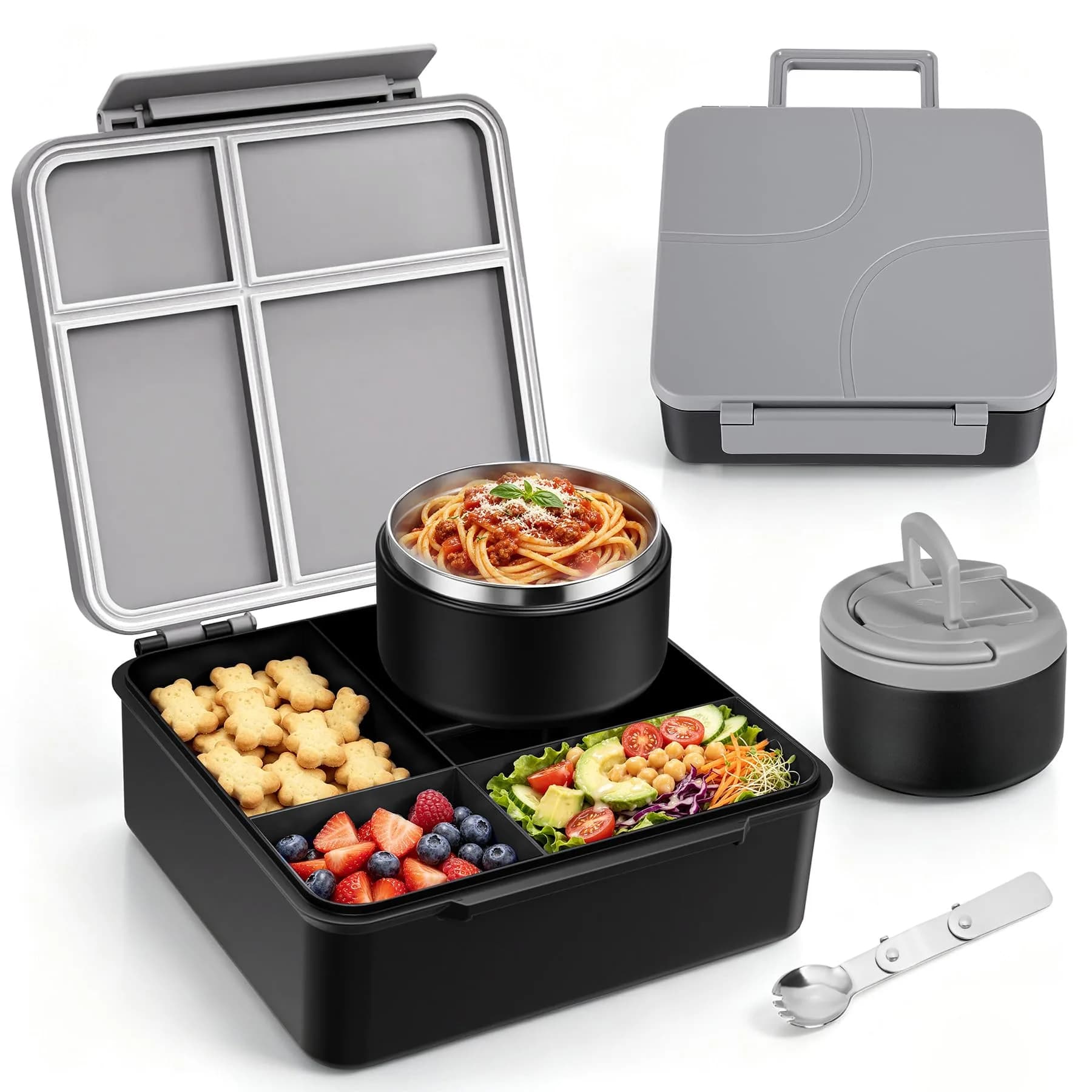 MAXSO Bento Lunch Box Set with 8 oz Soup Thermo, 4 Compartments, Black | Leakproof Hot Food Container for Kids - main product image