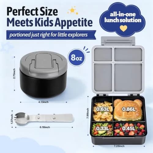 MAXSO Bento Lunch Box Set with 8 oz Soup Thermo, 4 Compartments, Black | Leakproof Hot Food Container for Kids thumbnail 5