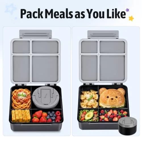 MAXSO Bento Lunch Box Set with 8 oz Soup Thermo, 4 Compartments, Black | Leakproof Hot Food Container for Kids thumbnail 6