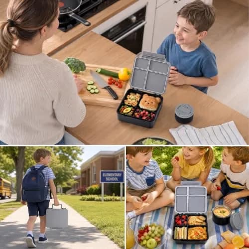 MAXSO Bento Lunch Box Set with 8 oz Soup Thermo, 4 Compartments, Black | Leakproof Hot Food Container for Kids thumbnail 7