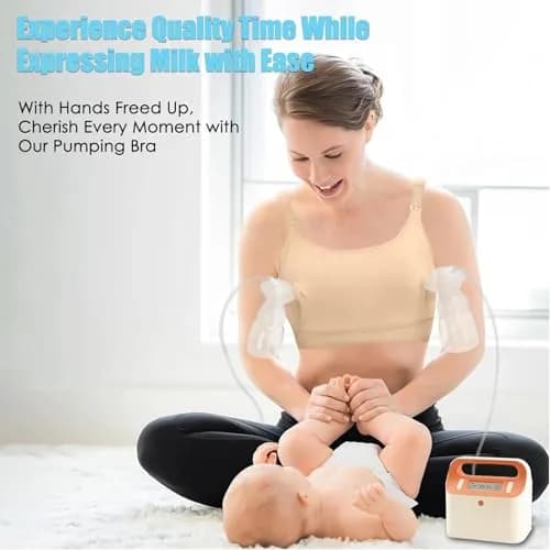 ENSDOAR Hands-Free Pumping Bra for Breastfeeding & Nursing, Beige, Medium | Soft Cotton Blend with Removable Pads thumbnail 5