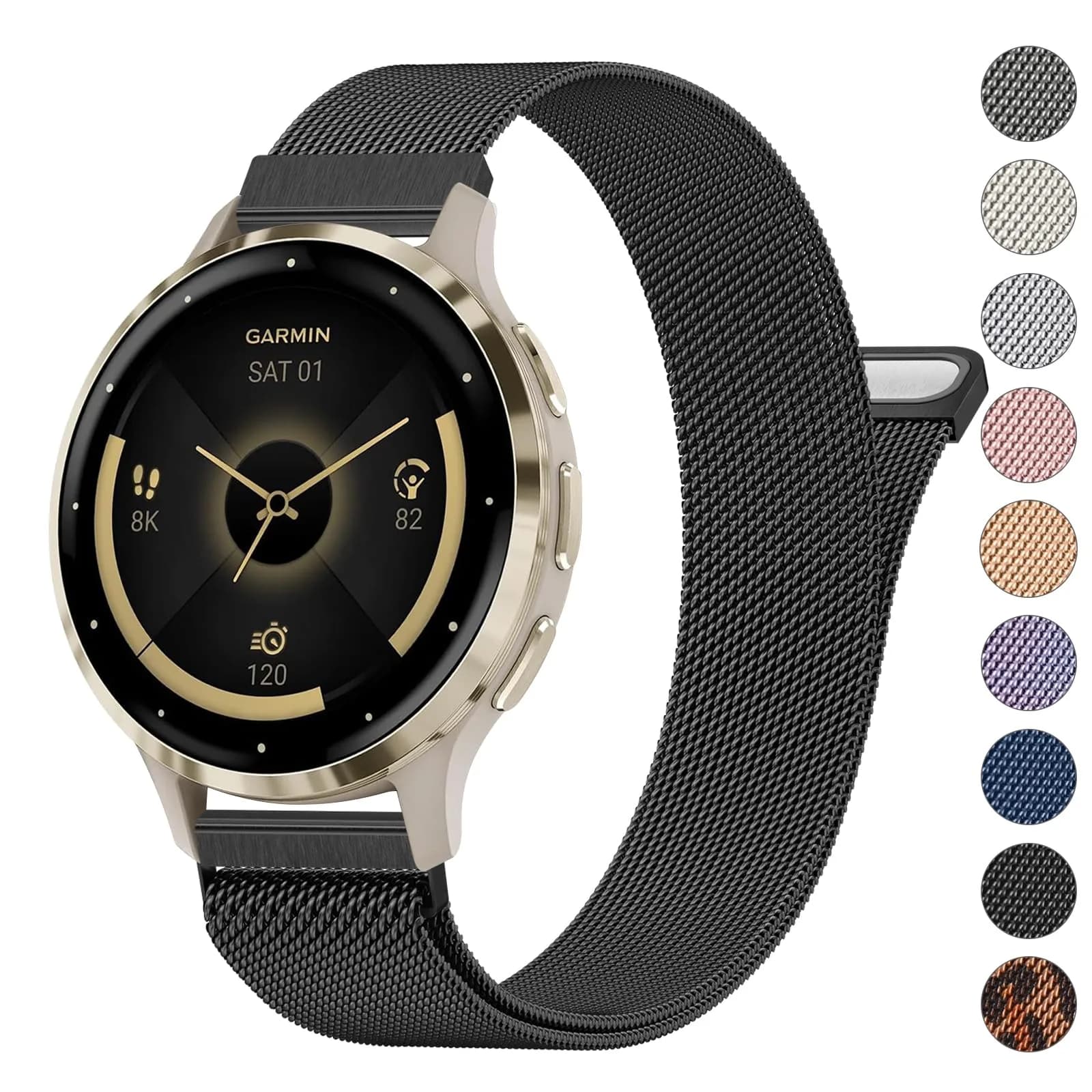 Meliya 18mm Metal Watch Band for Garmin Venu 3S/2S/Vivoactive 4S/Vivomove 3S/Forerunner 265s/255s, Rose Gold Stainless Steel Mesh Strap (18mm) — Black