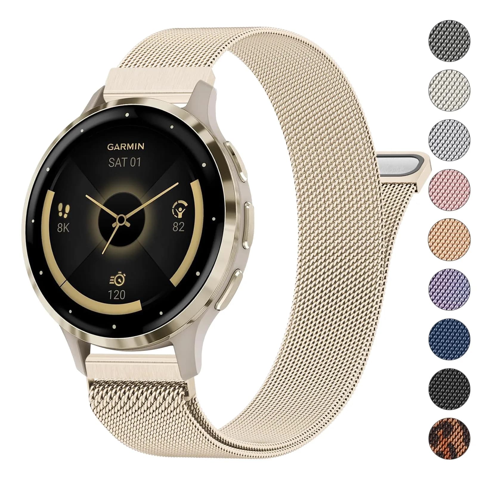 Meliya 18mm Metal Watch Band for Garmin Venu 3S/2S/Vivoactive 4S/Vivomove 3S/Forerunner 265s/255s, Rose Gold Stainless Steel Mesh Strap (18mm) — Champagne Gold