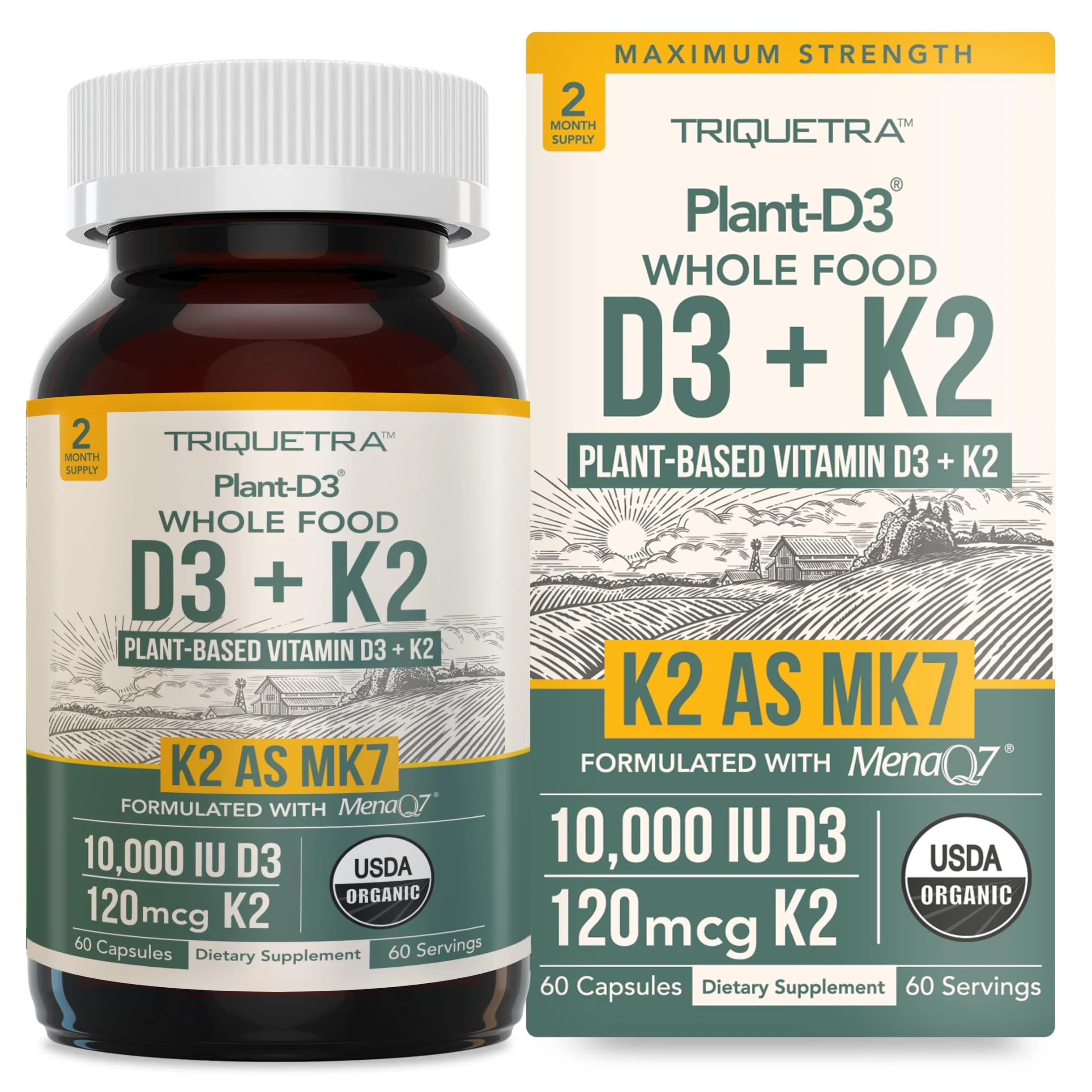 Triquetra Health Organic Plant D3 + K2 | 10,000 IU D3 + 120 mcg K2 | Vegan, Organic, Vegan, 60 Count — Capsule