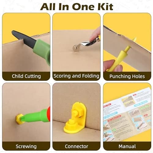 ColoPlay 355 Cardboard Tools for Kids, STEM Education Kit | Safe Cardboard Cutter, Screwdrivers, Nuts & Bolts Set (Yellow) thumbnail 8