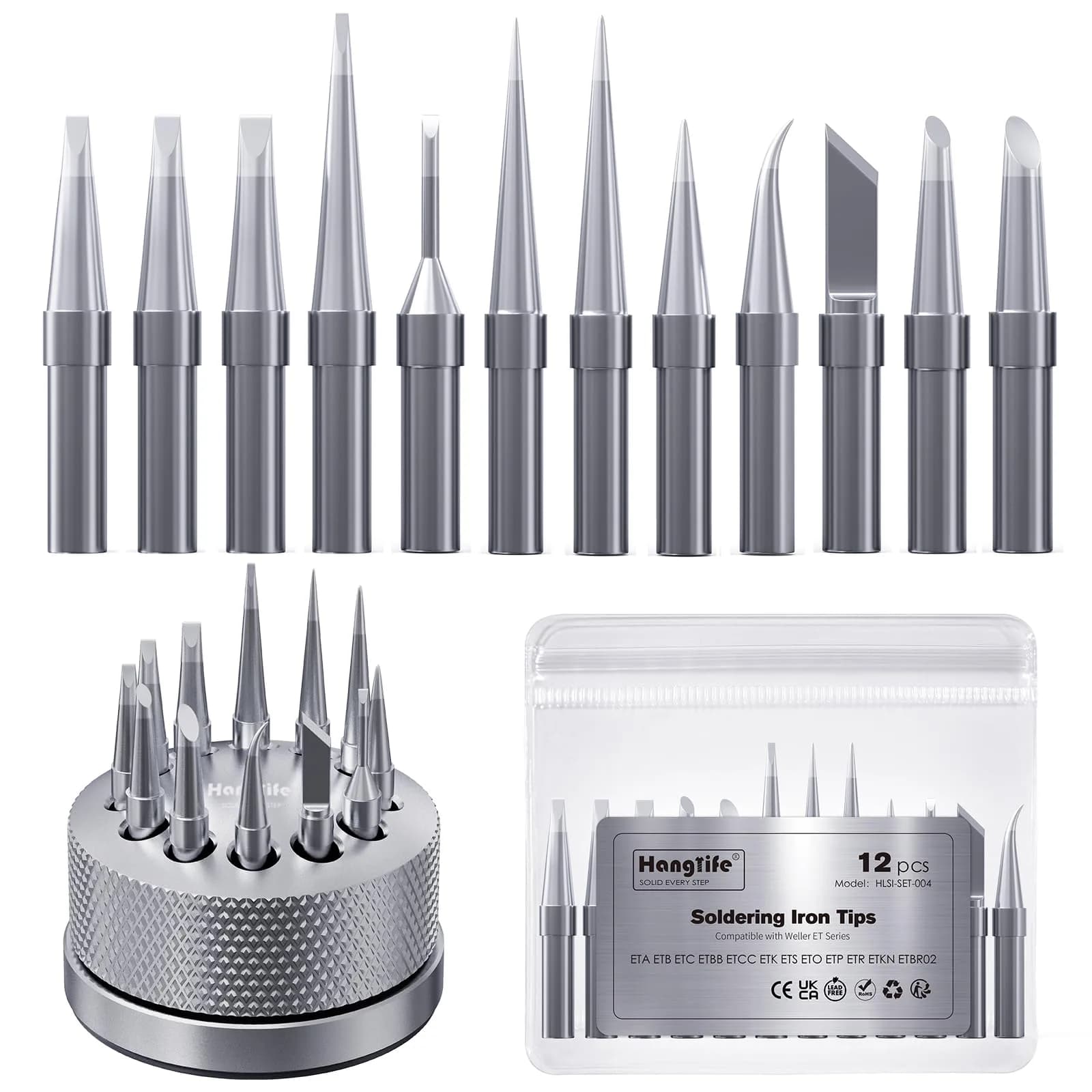 HANGLIFE ET Soldering Iron Tips 12-Piece Set with Holder | Precision Replacement Solder Tips for Weller Stations - main product image