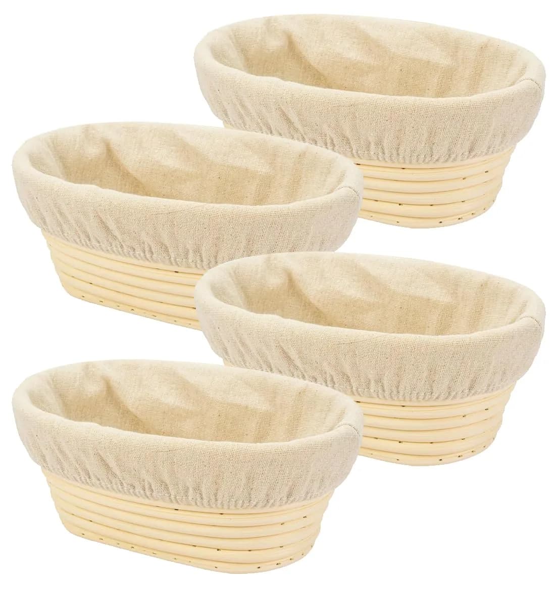 Stormshopping 8 Inch Oval Bread Proofing Basket Set with Liners, 4-Pack | Handmade Rattan Banneton for Artisan Dough Rising