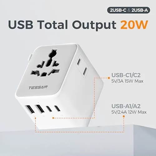 TESSAN Universal Travel Adapter Worldwide with 2 USB-C, 2 USB-A, 2 AC Outlets, 6-in-1 Plug Adapter for Over 150 Countries thumbnail 3