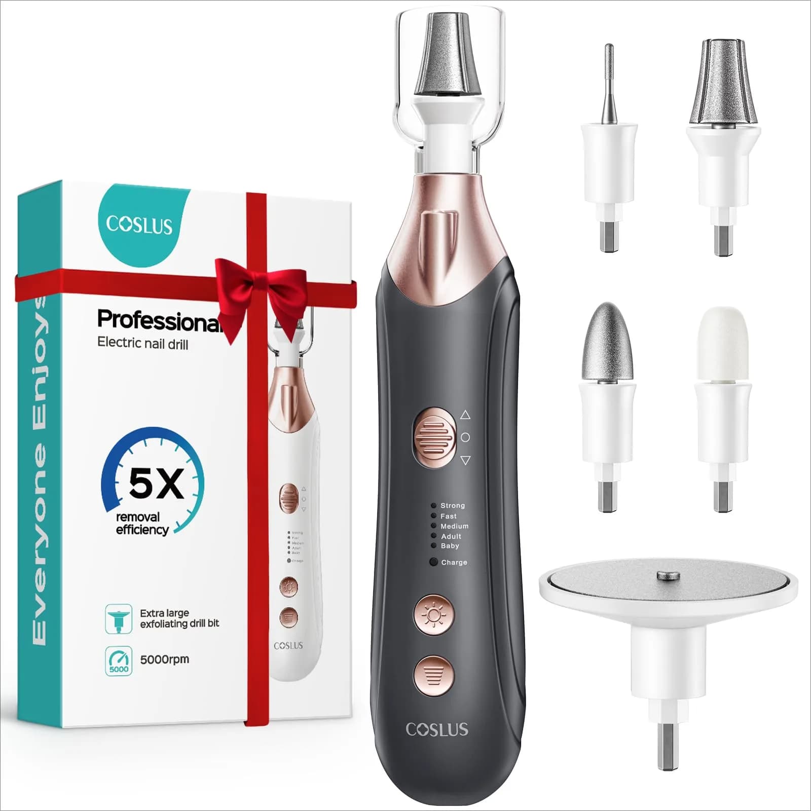 COSLUS C43 Professional Manicure Pedicure Kit with Upgrade Wider Grinder | 5000 RPM Cordless Electric Nail File for Home Salon Use — Black / Wide Grinder Set