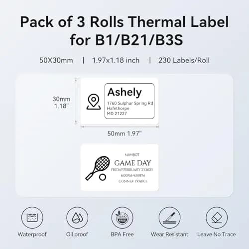 NIIMBOT 3 Rolls Waterproof Thermal Label Tape 50x30mm (1.97"x1.18") | Black on White Labels for B1/B21/B3S Printers thumbnail 5
