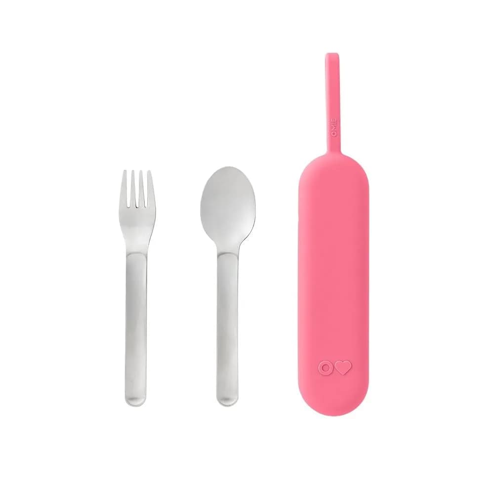 Omie Travel Fork & Spoon Set with Case, Pink | Durable Stainless Steel Utensils for On-the-Go Meals