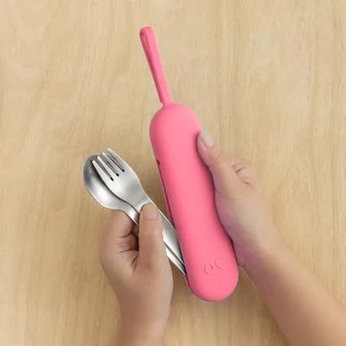 Omie Travel Fork & Spoon Set with Case, Pink | Durable Stainless Steel Utensils for On-the-Go Meals thumbnail 2