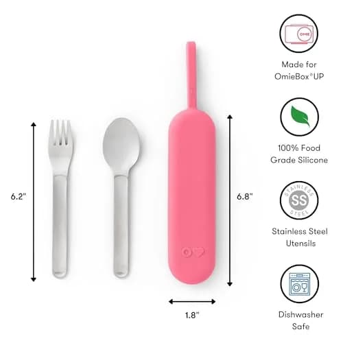 Omie Travel Fork & Spoon Set with Case, Pink | Durable Stainless Steel Utensils for On-the-Go Meals thumbnail 3