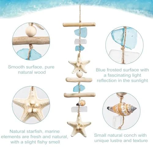 JQAQJU Sea Glass Wooden Nautical Wall Decor 49.8cm (19.6in) | Coastal Starfish Bathroom Art for Indian Homes thumbnail 2