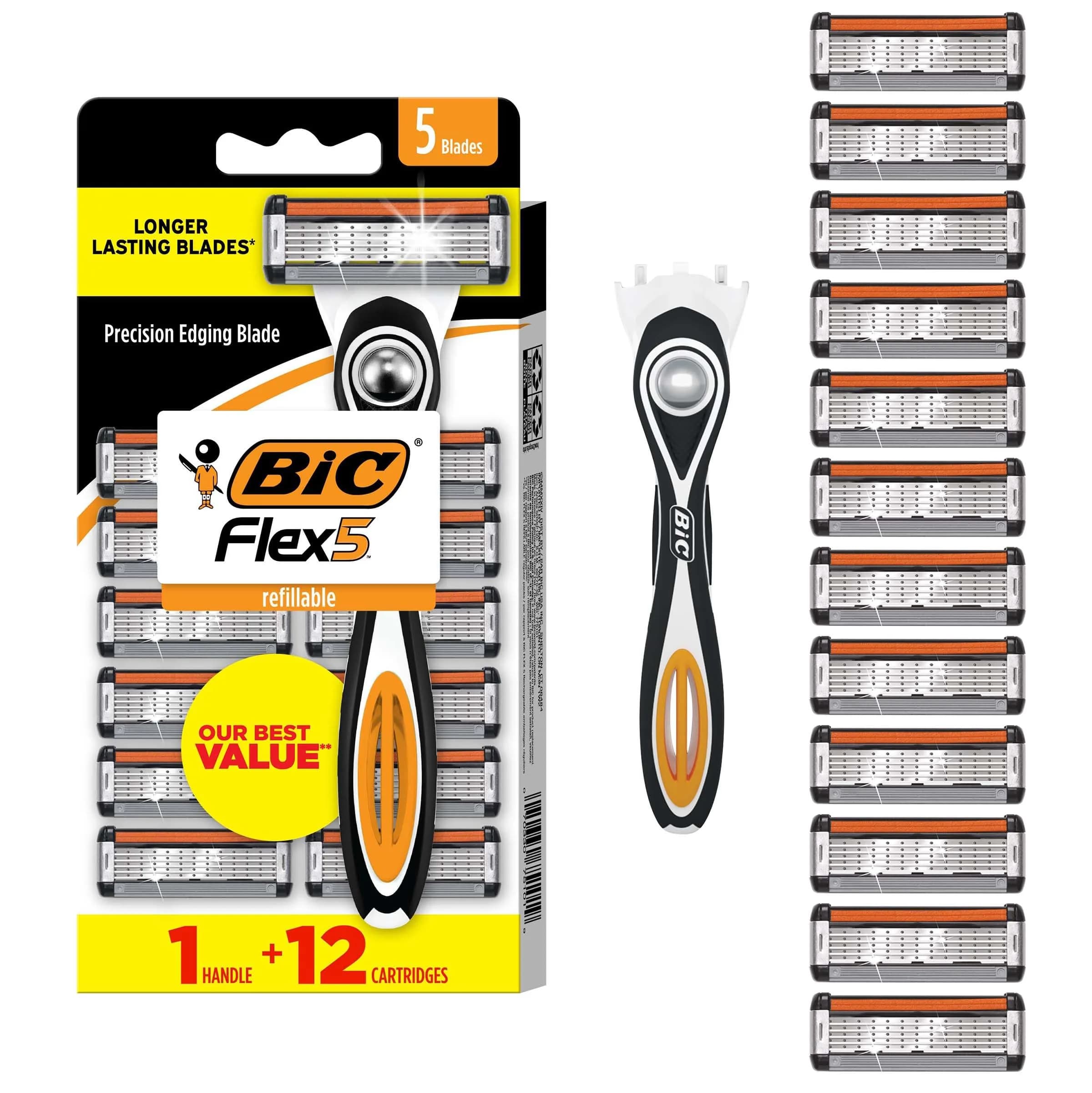 BIC Flex 5 Refillable Men's 5-Blade Razors with 12 Cartridges | Smooth Shave, Aloe & Vitamin E