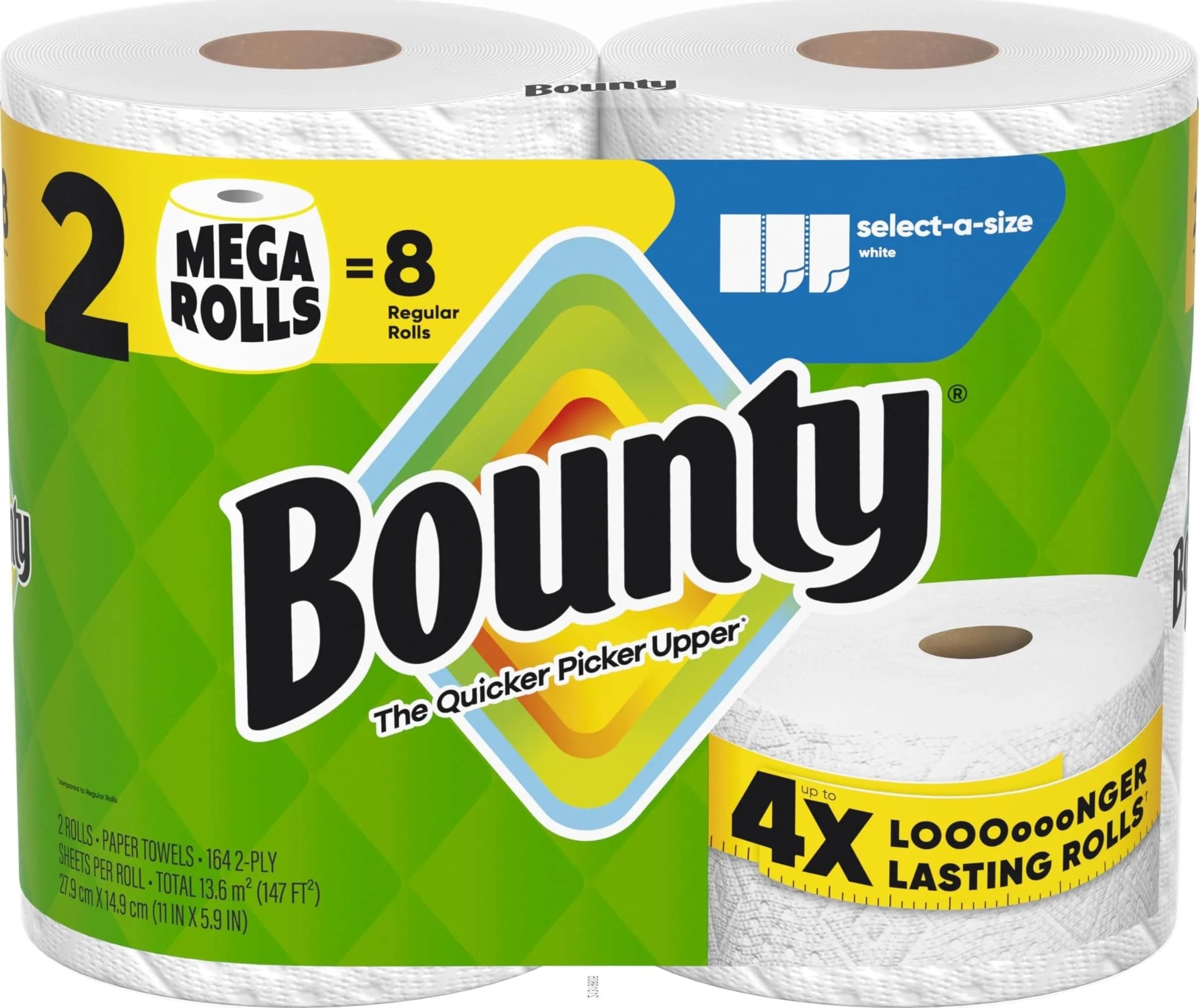Bounty Select-A-Size Paper Towels, White, 2 Mega Rolls (328 Sheets Total) | Absorbent & Durable for Quick Mess Cleanup — 2 Mega Rolls