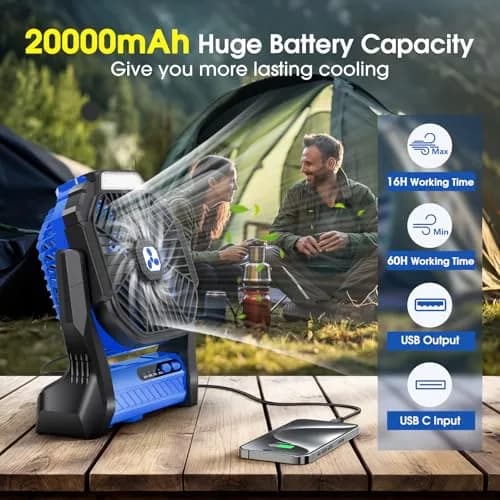Peouix Portable Rechargeable Fan 20000mAh | Cordless Camping Fan with LED Lantern & Power Bank (270° Oscillation, 16-145H Runtime) thumbnail 2