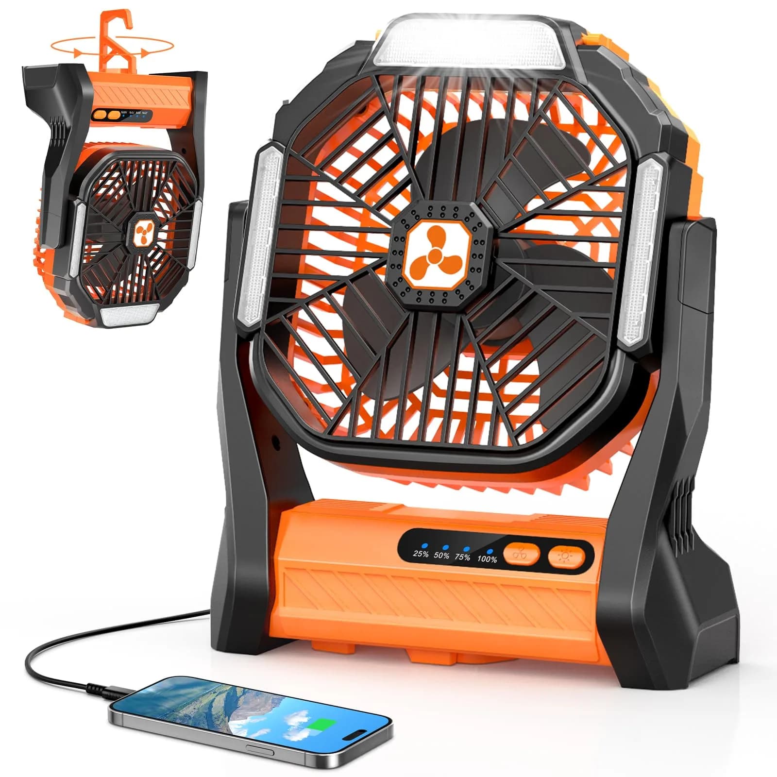 Peouix Portable Rechargeable Fan 20000mAh | Cordless Camping Fan with LED Lantern & Power Bank (270° Oscillation, 16-145H Runtime) — Orange