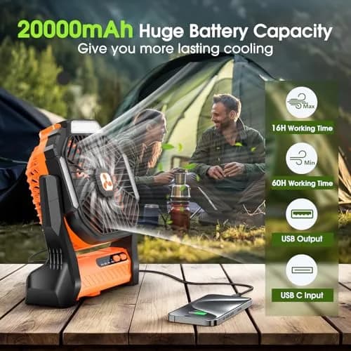 Peouix Portable Rechargeable Fan 20000mAh | Cordless Camping Fan with LED Lantern & Power Bank (≤120c) thumbnail 2