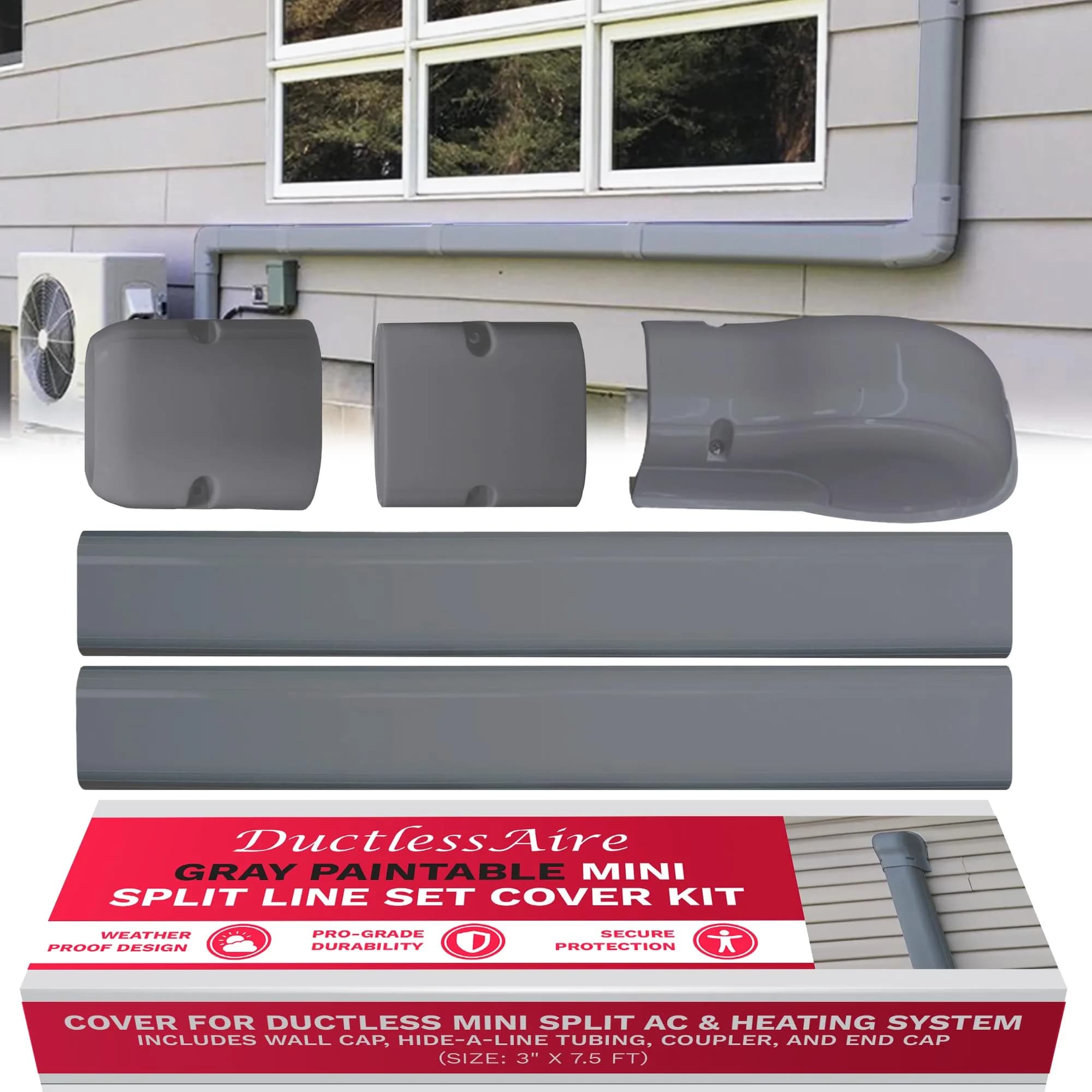 DuctlessAire White Mini Split Line Set Cover Kit 2.29 m (7.5 ft) | Protects AC Wiring & Tubing — Gray