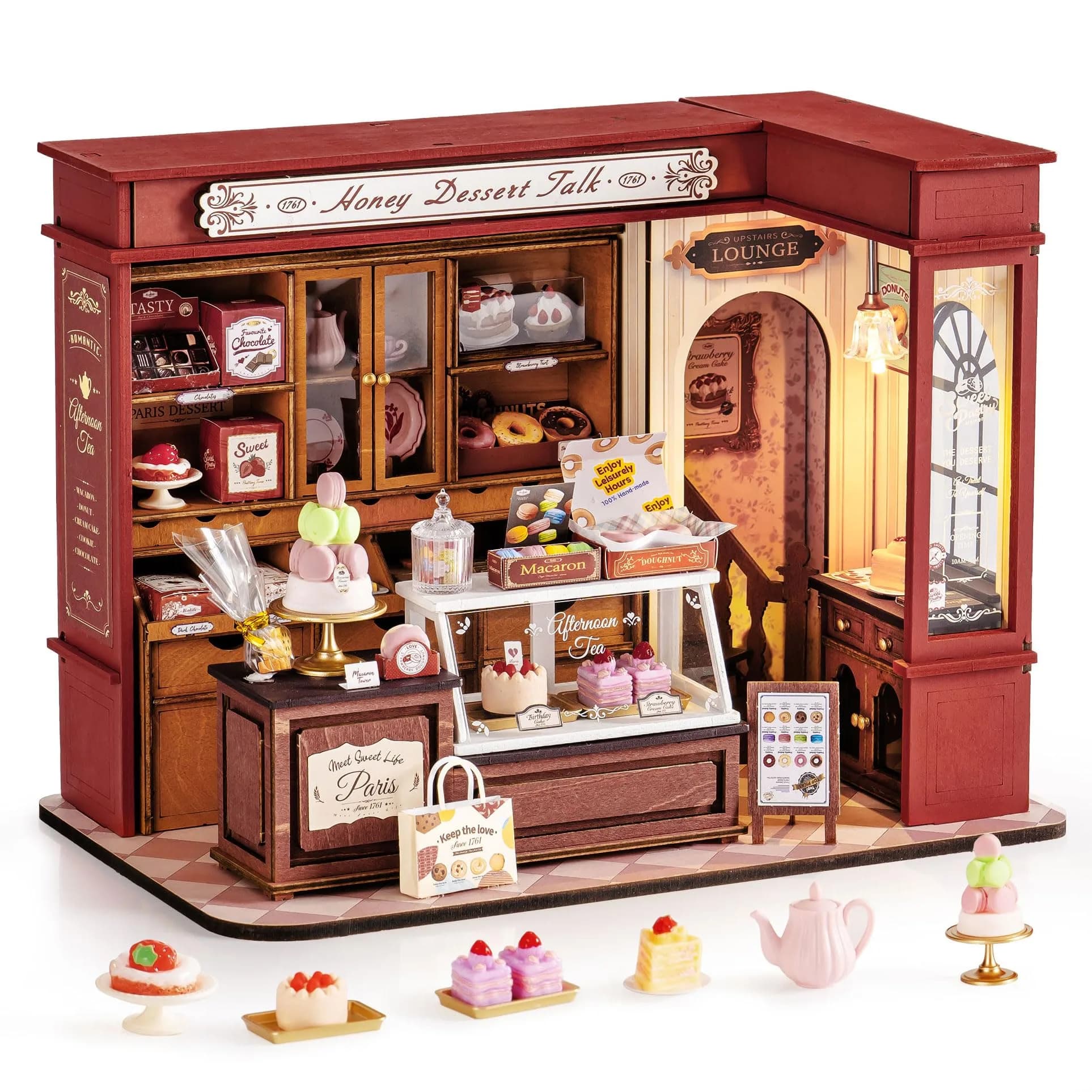 Rolife Miniature Dollhouse Kit 1:18 Scale French Dessert Shop with LED, 242 pcs, Creative Gift for Adults - main product image