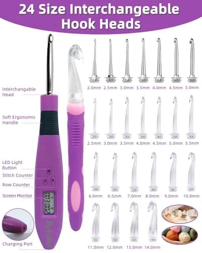 Bybykoi Light Up Crochet Hooks Set with Digital Counter & 24 Interchangeable Hooks | 2.0-14.0 mm (Metric Conversion) thumbnail 4