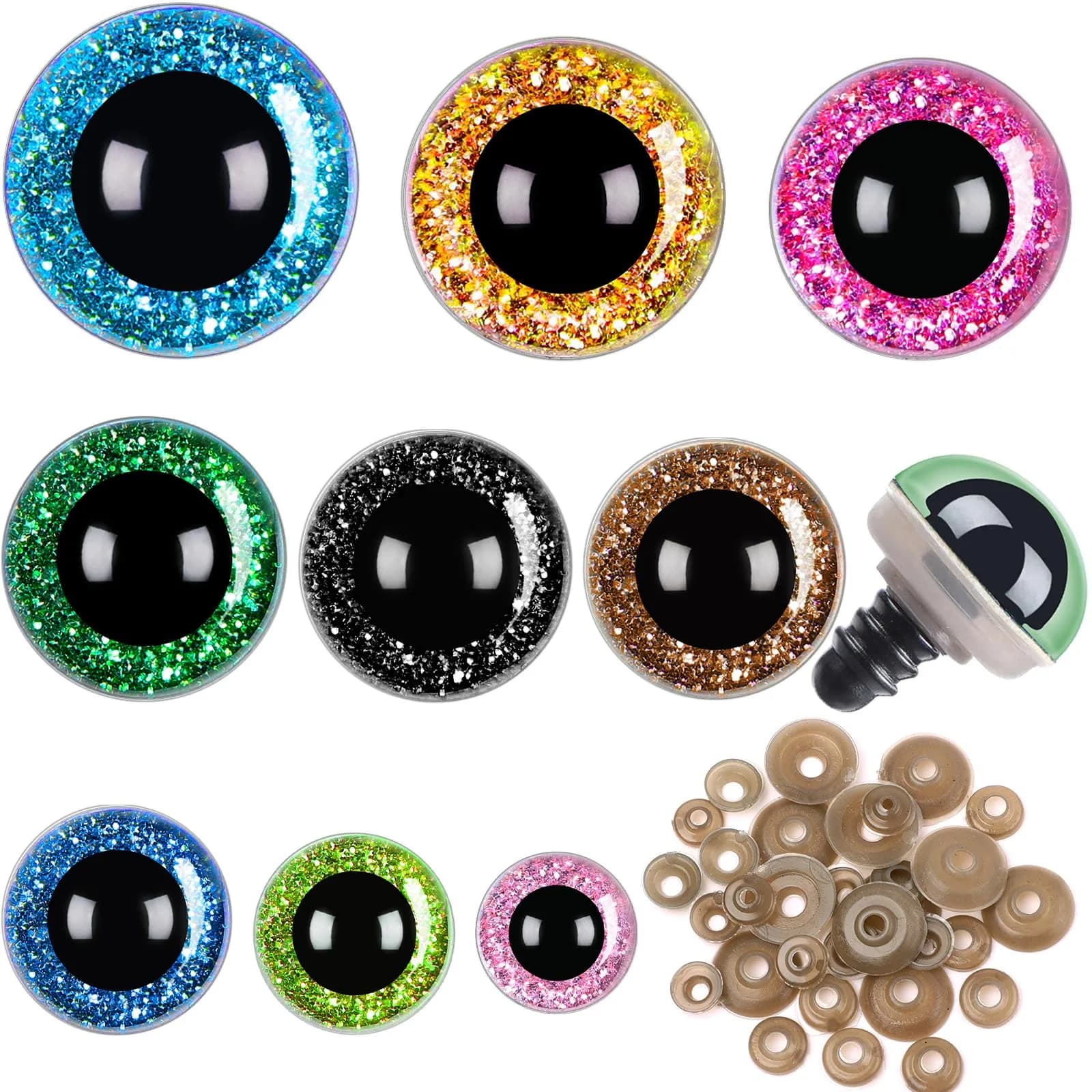 UPINS 180 Pcs Large Colored Safety Eyes and Noses with Washers | 10-20mm Eyes, 9-14mm Noses — Glitter