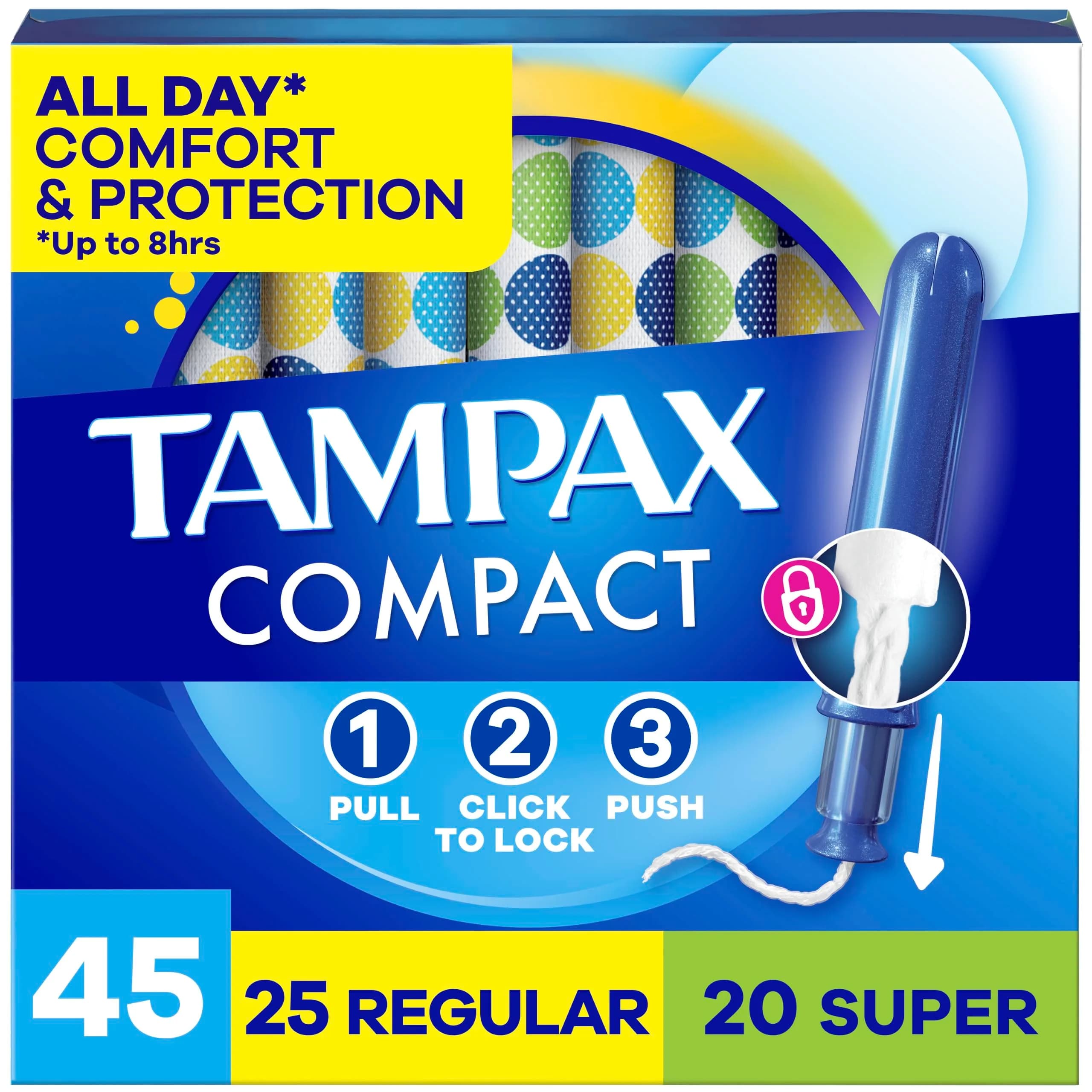 Tampax Compact Pearl Tampons for Women Multipack, Regular/Super Absorbency, Unscented, 45 Count | Dermatologist Tested Tampon - main product image